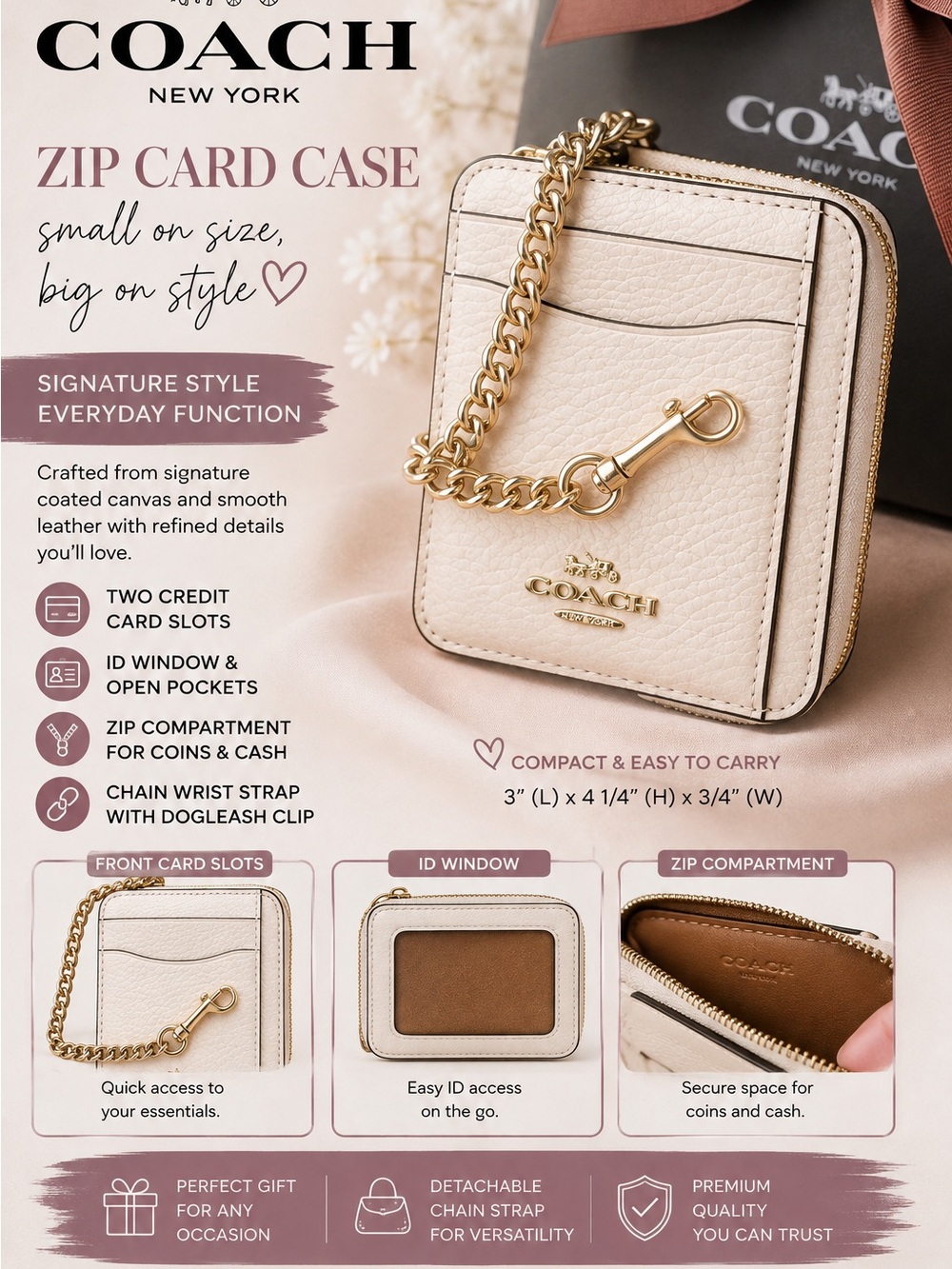 Coach Zip Card Case Chain Chalk Gold 6303